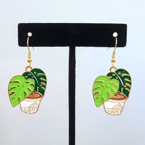 Handmade Cute Enamel Monstera Elephant Ear House Plant Earrings on Gold Hooks